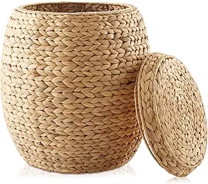 A light brown woven basket, round and open-topped, with a matching lid.