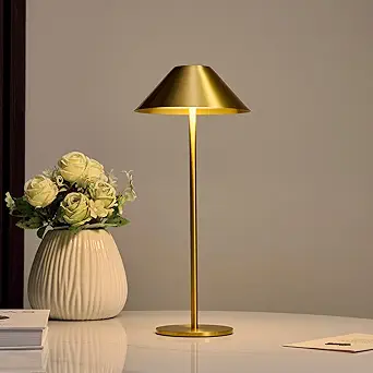 A golden bedside lamp sits on a table next to a decorative vase and small stack of books. The lamp is described as a wireless, battery operated, touch lamp.