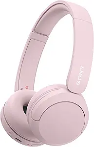 These are pink Sony WH-CH520 wireless Bluetooth on-ear headphones with a microphone. "Sony" is printed on the side, and an "R" indicates the right side.