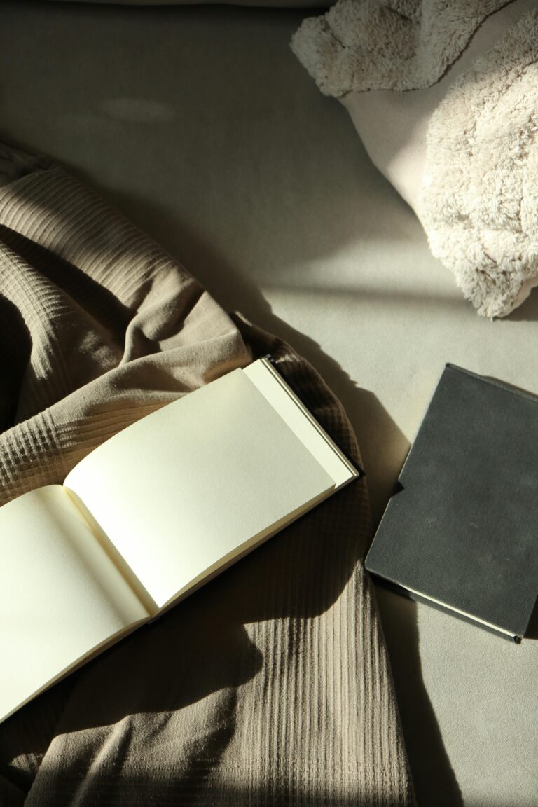 Stylish flat lay with open notebook, closed notebook and soft fabric in calming neutral tones.
