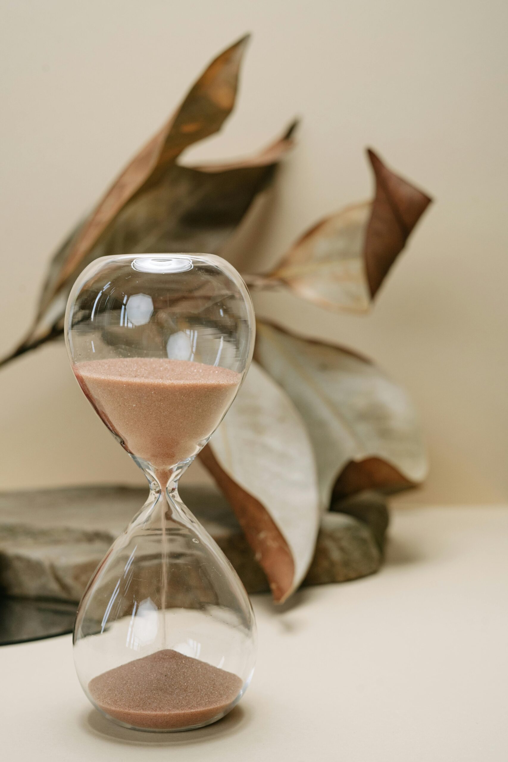 A still life photo of an hourglass with sand, set against dried leaves, symbolizing the passage of time. "productos para organización de escritorio desde Amazon"
